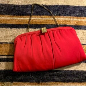Vintage Red Satin Clutch Evening Bag Gold Chain Kiss Lock Closure After Five